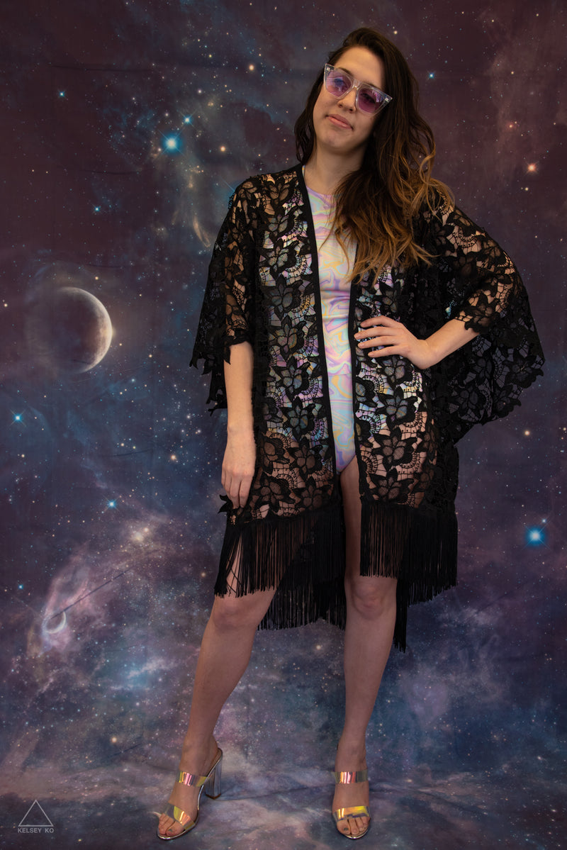 BLACK LACE FRINGE KIMONO