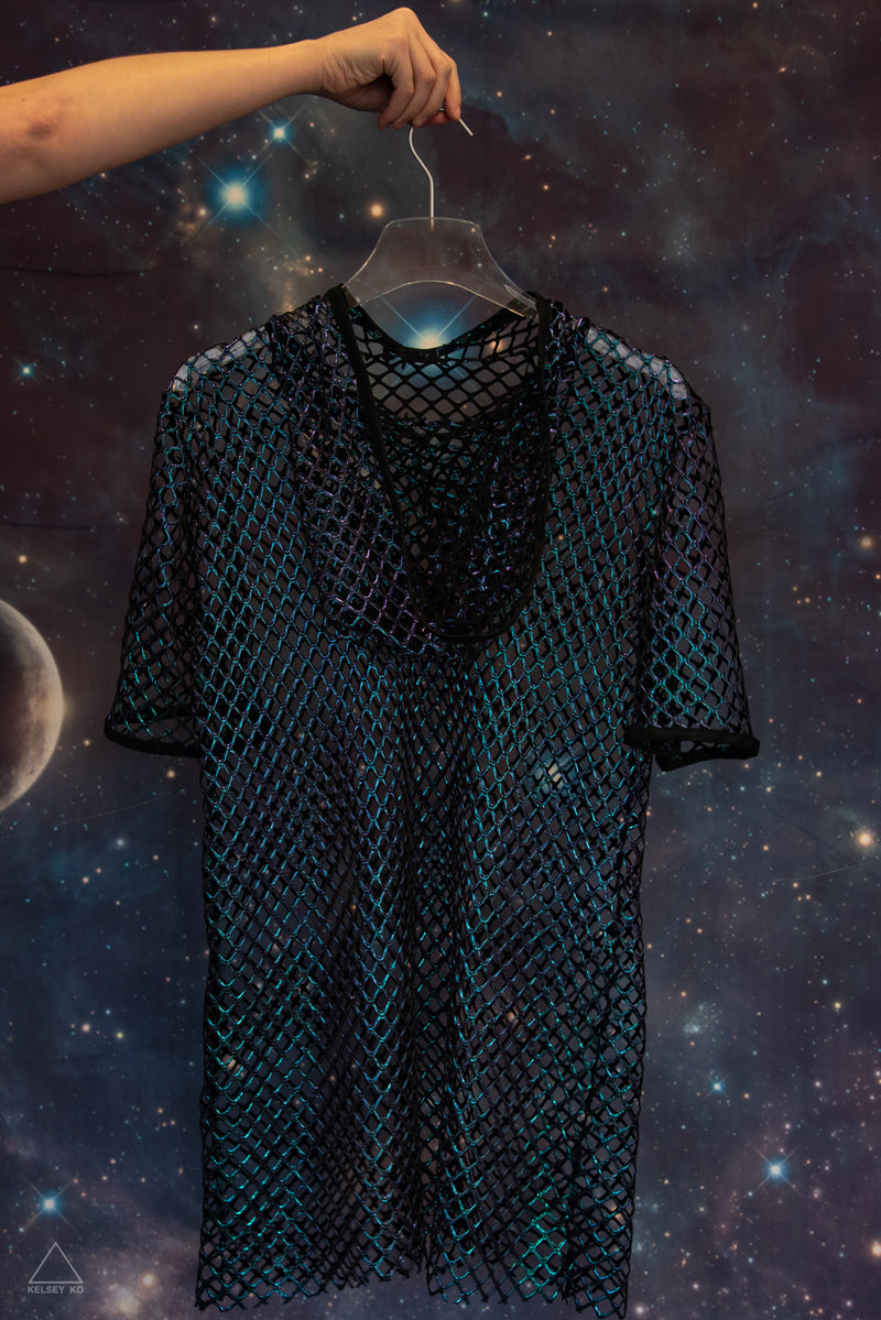 OILSLICK MESH HOODED TEE DRESS