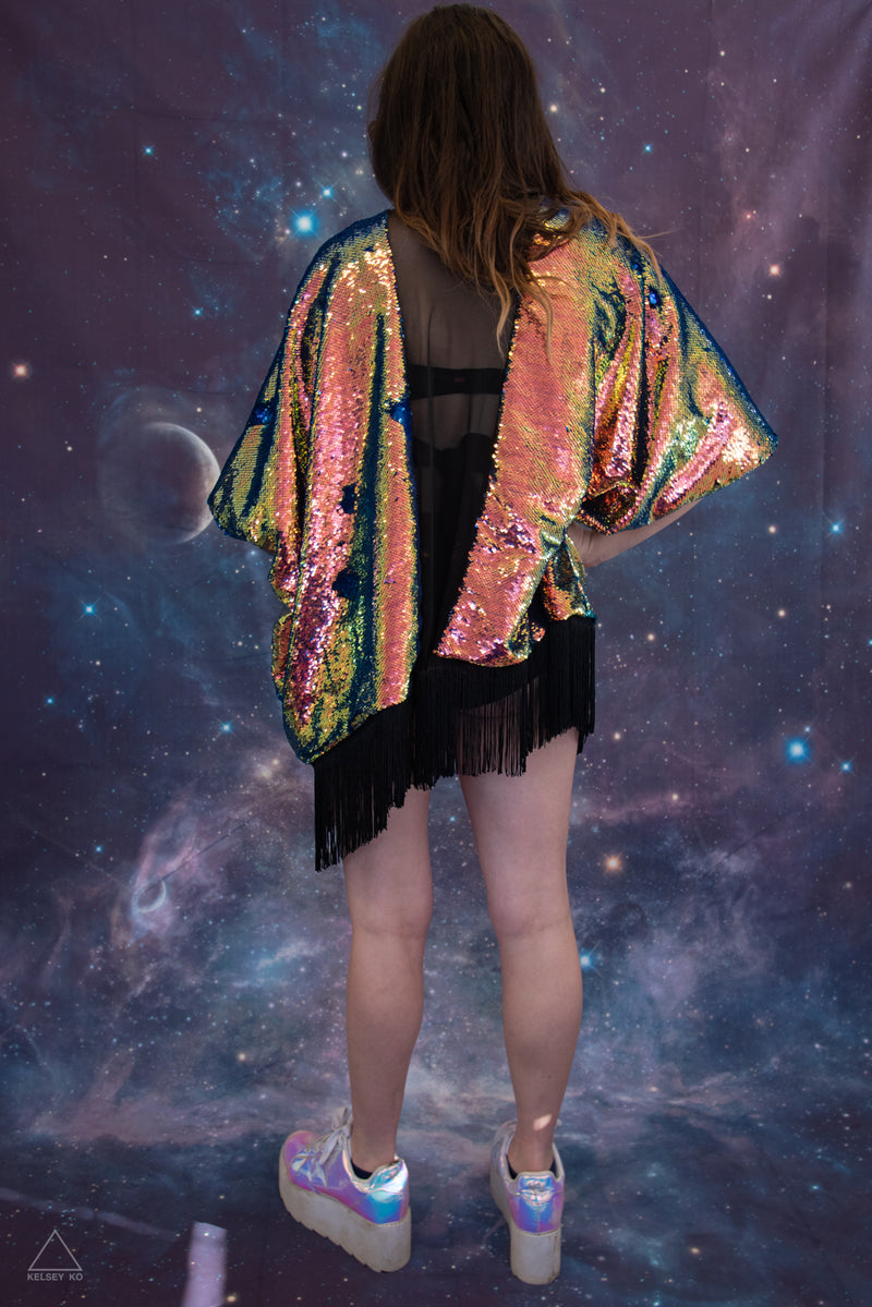 RAINBOW SEQUIN FRINGE KIMONO